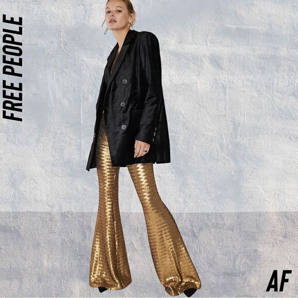 FREE PEOPLE GOLD MATTE PARTY PANTS BELLBOTTOM FLARE NWT XS - Picture 3 of 9